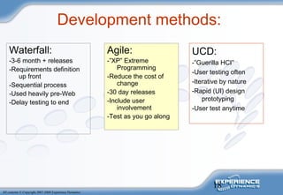18
All contents © Copyright 2007-2008 Experience Dynamics
Development methods:
Waterfall:
-3-6 month + releases
-Requirements definition
up front
-Sequential process
-Used heavily pre-Web
-Delay testing to end
Agile:
-”XP” Extreme
Programming
-Reduce the cost of
change
-30 day releases
-Include user
involvement
-Test as you go along
UCD:
-”Guerilla HCI”
-User testing often
-Iterative by nature
-Rapid (UI) design
prototyping
-User test anytime
 