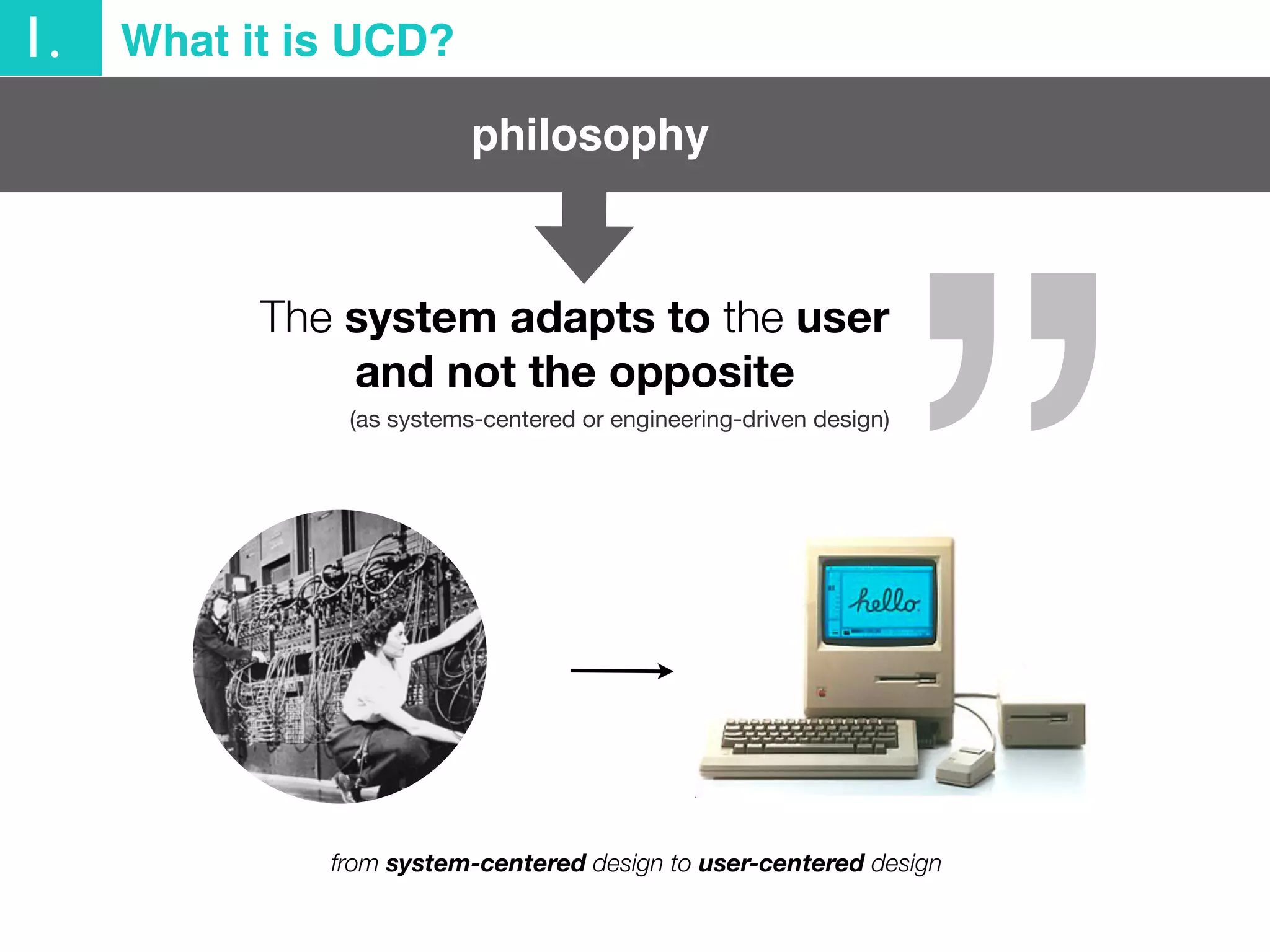 “”
philosophy
from system-centered design to user-centered design
1. What it is UCD?
The system adapts to the user
and not the opposite
(as systems-centered or engineering-driven design)
 