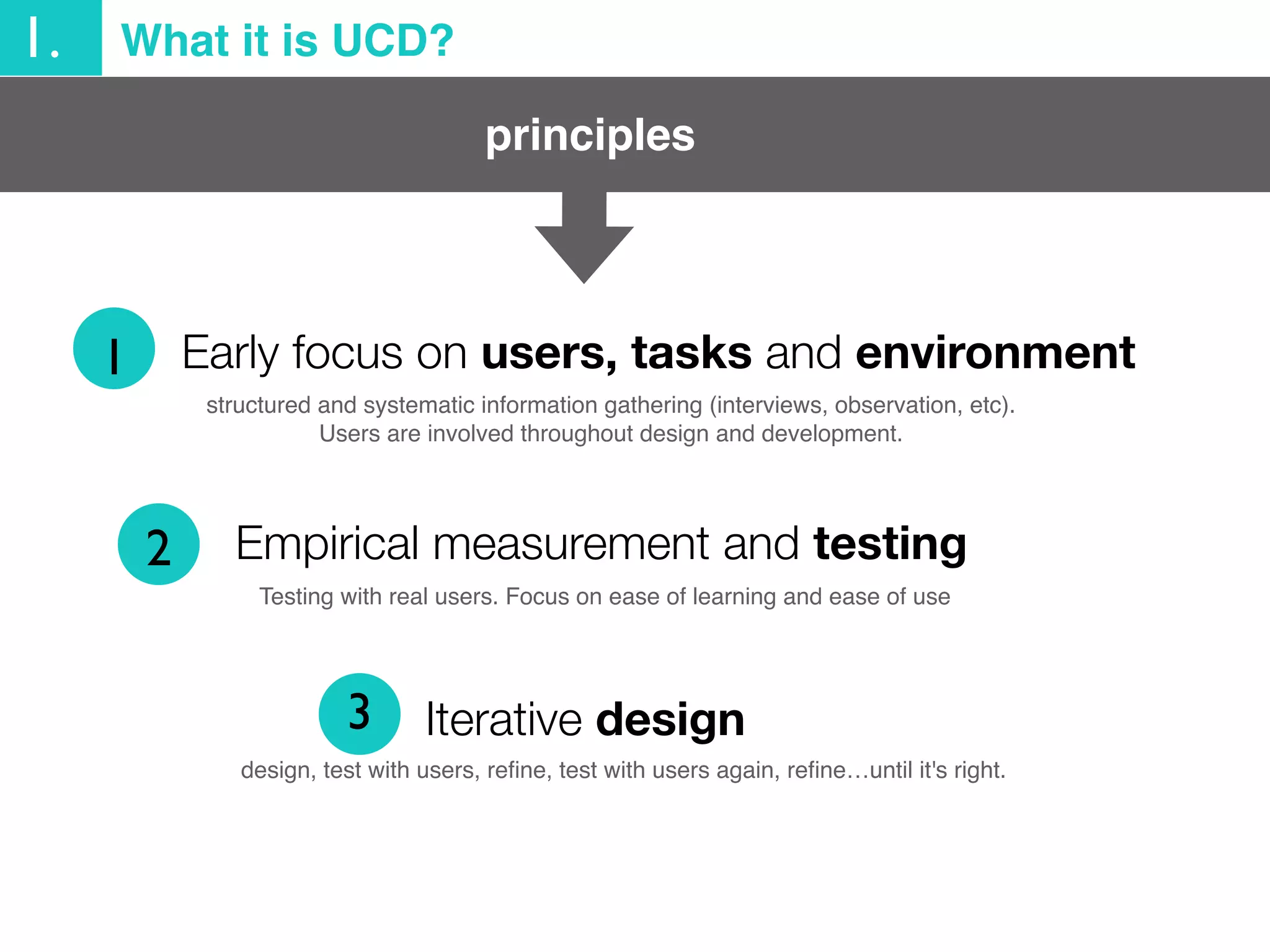 principles
1. What it is UCD?
Early focus on users, tasks and environment
structured and systematic information gathering (interviews, observation, etc).
Users are involved throughout design and development.
Empirical measurement and testing
Iterative design
Testing with real users. Focus on ease of learning and ease of use
design, test with users, reﬁne, test with users again, reﬁne…until it's right.
1
2
3
 