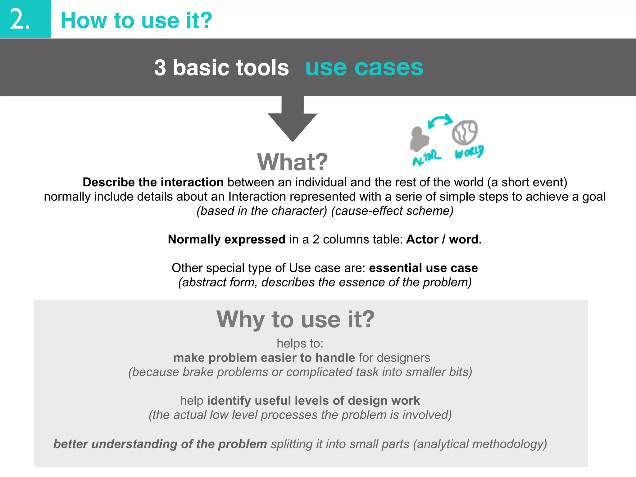 2. How to use it?
Describe the interaction between an individual and the rest of the world (a short event)
normally include details about an Interaction represented with a serie of simple steps to achieve a goal
(based in the character) (cause-effect scheme)
Normally expressed in a 2 columns table: Actor / word.
Other special type of Use case are: essential use case
(abstract form, describes the essence of the problem)
helps to:
make problem easier to handle for designers
(because brake problems or complicated task into smaller bits)
help identify useful levels of design work
(the actual low level processes the problem is involved)
better understanding of the problem splitting it into small parts (analytical methodology)
Why to use it?
3 basic tools use cases
What?
 