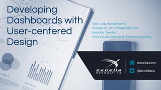 excella.com
@excellaco
Developing
Dashboards with
User-centered
Design
Tech Lady Hackathon #5
October 21, 2017 | Washington DC
Amanda Makulec
Data Visualization Lead | Excella Consulting
 