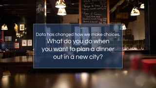 Data has changed how we make choices.
What do you do when
you want to plan a dinner
out in a new city?
 