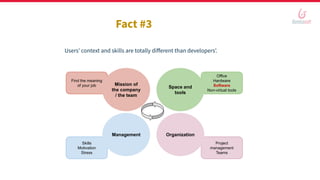 Skills
Motivation
Stress
Office
Hardware
Software
Non-virtual tools
Project
management
Teams
Find the meaning
of your job
Fact #3
Users’ context and skills are totally diﬀerent than developers’.
Mission of
the company
/ the team
Space and
tools
Management Organization
 