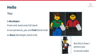 Hello
You
A developer.
Front-end, back-end, full stack.
But this is how I
picture you
(I cannot code).
or Dave (developer, back-end)
In our personas, you are Fred (front-end)
 