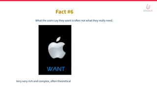Fact #6
What the users say they want is often not what they really need.
Very very rich and complex, often theoretical | Starts with something very simple and straightforward, pragmatic
 