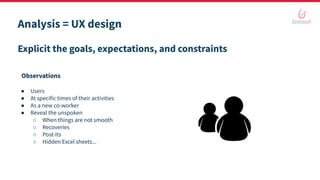 Analysis = UX design
● Users
● At specific times of their activities
● As a new co-worker
● Reveal the unspoken
○ When things are not smooth
○ Recoveries
○ Post-its
○ Hidden Excel sheets...
Explicit the goals, expectations, and constraints
Observations
 