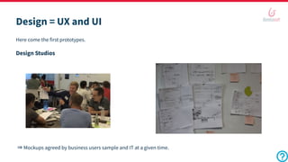 Design = UX and UI
Here come the first prototypes.
Design Studios
⇒ Mockups agreed by business users sample and IT at a given time.
 