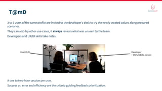 T@mD
3 to 5 users of the same profile are invited to the developer’s desk to try the newly created values along prepared
scenarios.
They can also try other use-cases, it always reveals what was unseen by the team.
Developers and UX/UI skills take notes.
A one to two-hour session per user.
Success vs. error and eﬀiciency are the criteria guiding feedback prioritization.
User (1/5) Developer
+ UX/UI skills person
 