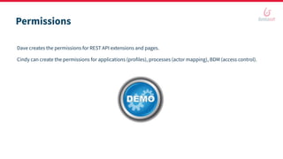 Permissions
Dave creates the permissions for REST API extensions and pages.
Cindy can create the permissions for applications (profiles), processes (actor mapping), BDM (access control).
 