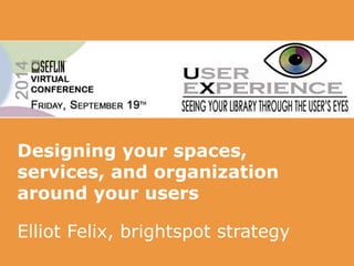 Designing your spaces, 
services, and organization 
around your users 
Elliot Felix, brightspot strategy 
 