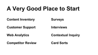 A Very Good Place to Start 
Content Inventory 
Customer Support 
Web Analytics 
Competitor Review 
Surveys 
Interviews 
Co...
