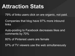 Attraction Stats 
79% of links users click on are organic, not paid. 
Companies that blog have 97% more inbound 
links 
Auto-posting to Facebook decreases likes and 
comments by 70% 
80% of Pinterest users are female 
57% of TV viewers use the web simultaneously 
 