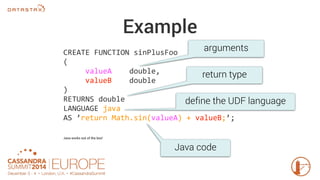 CREATE FUNCTION sinPlusFoo 
( 
valueA double, 
valueB double 
arguments 
return type 
) 
RETURNS double 
LANGUAGE java 
AS ’return Math.sin(valueA) + valueB;’; 
Java works out of the box! 
Example 
define the UDF language 
Java code 
 