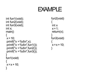 EXAMPLE
int fun1(void);
int fun2(void);
int fun3(void);
int x;
main()
{
x=10;
printf("x =%dn",x);
printf("x =%dn",fun1());
printf("x =%dn",fun2());
printf("x =%dn",fun3());
}
fun1(void)
{
x=x+10;
}
fun2(void)
{
int x
x=1;
return(x);
}
fun3(void)
{
x=x+ 10;
}
 