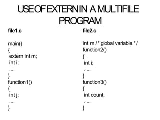 USEOFEXTERNIN AMULTIFILE
PROGRAM
file1.c file2.c
main()
{
extern int m;
int i;
....
}
function1()
{
int j;
....
}
int m /* global variable */
function2()
{
int i;
.....
}
function3()
{
int count;
.....
}
 