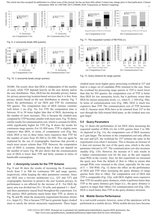 1536-1233 (c) 2013 IEEE. Personal use is permitted, but republication/redistribution requires IEEE permission. See
http://www.ieee.org/publications_standards/publications/rights/index.html for more information.
This article has been accepted for publication in a future issue of this journal, but has not been fully edited. Content may change prior to final publication. Citation
information: DOI 10.1109/TMC.2015.2388488, IEEE Transactions on Mobile Computing
11ComputationTime[ms]
0
2
4
6
8
10
12
DGS
DGS
DGS
TTP
TTP
TTP
5 50 500
K-Anonymity
Service Provider
Client
Query Server
(a) Computation Cost
CommunicationCost[bytes]
0
5
10
15
20
25
30
35
DGS
DGS
DGS
TTP
TTP
TTP
5 50 500
K-Anonymity
Service Provider
Client
(b) Communication Cost
Fig. 9. K-anonymity levels (NN queries).
ComputationTime[ms]
0.00
0.20
0.40
0.60
0.80
1.00
DGS
DGS
DGS
TTP
TTP
TTP
5 50 500
K-Anonymity
Service Provider
Client
Query Server
(a) Computation Cost
CommunicationCost[bytes]
0
5
10
15
20
25
30
35
DGS
DGS
DGS
TTP
TTP
TTP
5 50 500
K-Anonymity
Service Provider
Client
(b) Communication Cost
Fig. 10. K-anonymity levels (range queries).
50,000. The results show that DGS is independent of the number
of users, while TTP depends heavily on the user density and/or
the user distribution. Thus, DGS has the desirable privacy feature
for privacy-preserving location-based services that it is free from
privacy attacks based on the user distribution or density. Fig. 7
shows the performance of our DGS and TTP for continuous
NN queries. The computation time of DGS remains constant,
well below 1 ms (Fig. 7a). For TTP, the computation time is
between 10 to 20 times higher than that of DGS, decreasing as
the number of users increases. This is because the cloaked area
computed by TTP becomes smaller with more users. Fig. 7b shows
similar results for communication cost, which is constant for DGS,
while signiﬁcantly higher for TTP. Fig. 8 shows the results for
continuous range queries. For 10, 000 users, TTP is slightly more
expensive than DGS, in terms of computation cost (Fig. 8a),
while DGS is two to three times more expensive than TTP for
the number of users from 20, 000 to 50, 000. This can again be
explained by the use of cryptographic functions that provide a
much more secure scheme than TTP. However, the computation
cost of DGS is constant, showing that it does not depend on
the number of users. Fig. 8b also shows that the communication
cost of DGS is lower than TTP and fairly constant in terms of
bandwidth consumption.
5.4 K-Anonymity Levels for the TTP Scheme
Fig. 9 and 10 show the results of increasing the K-anonymity
levels from 5 to 500 for continuous NN and range queries,
respectively, while keeping the other parameters constant. Since
our DGS uses a two-tier architecture (i.e., QS and SP) and
cryptographic functions to preserve the user location privacy, its
performance is not affected by the increase of K. For DGS the
query area was divided into 50 × 50 cells, and spanned 4 × 4km2
,
and these parameters stayed ﬁxed throughout the experiment. For
NN queries, DGS performs much better than TTP, as shown in
Fig. 9a and 9b, when the anonymity requirement becomes stricter
(i.e., larger K). This is because TTP has to generate larger cloaked
areas to satisfy the stricter anonymity requirements. These larger
ComputationTime[ms]
0.0
0.2
0.4
0.6
0.8
1.0
1.2
1.4
1.6
5
50
500
Requested Number of POIs for k-NN Queries
Service Provider
Client
Query Server
(a) Computation Cost
CommunicationCost[bytes]
0
500
1000
1500
2000
2500
3000
5
50
500
Requested Number of POIs for k-NN Queries
Service Provider
Client
(b) Communication Cost
Fig. 11. The requested number of NN POIs (k).
ComputationTime[ms]
0.0
0.5
1.0
1.5
2.0
2.5
DGS
DGS
DGS
DGS
DGS
TTP
TTP
TTP
TTP
TTP
2km 4km 6km 8km 10km
Query Distance for Range Queries
Service Provider
Client
Query Server
(a) Computation Cost
CommunicationCost[bytes]
0
20
40
60
80
100
120
140
160
DGS
DGS
DGS
DGS
DGS
TTP
TTP
TTP
TTP
TTP
2km 4km 6km 8km 10km
Query Distance for Range Queries
Service Provider
Client
(b) Communication Cost
Fig. 12. Query distance for range queries.
cloaked areas incur higher query processing overhead at SP and
lead to a larger set of candidate POIs returned to the user. Since
the overhead for processing range queries in TTP is much lower
than that for NN queries, the computation cost of TTP is better
than DGS for low anonymity levels, but it performs worse than
DGS for stricter anonymity levels, i.e., when K ≥ 500 (Fig. 10a).
In terms of communication cost (Fig. 10b), DGS is much less
expensive than TTP. The communication cost of TTP increases
with K, because more POIs have to be returned from SP to the
user through the fully-trusted third party, as the cloaked area size
gets larger.
5.5 Query Parameters
Fig. 11 shows the performance of our DGS when increasing the
requested number of POIs (k) for k-NN queries from 5 to 500.
As depicted in Fig. 11a, the computation cost of DGS increases
as k gets larger. The increase in the computation cost only affects
the user and QS, the workload for SP remains the same in the
experiments even when k increases. This is because an increase of
k does not increase the size of the query area, which is the only
parameter relevant to SP. The communication cost also increases
steadily (Fig. 11b). However, the increase of k only results in
a higher communication cost for the user, as the user requests
more POIs in the vicinity. Also, for this experiment we increased
the query area from the default of 2km to 10km to ensure that
enough POIs were returned to the client, especially for the case
of k = 500 POIs. Fig. 12 shows the effect on the performance
of DGS and TTP when increasing the query distance of range
queries from 2km to 10km. The computation cost of DGS and
TTP is comparable (Fig. 12a), with DGS slightly more expensive
than TTP for smaller query distances, while it performs better than
TTP as the query distance gets larger (i.e., the query distance is
equal to or larger than 10km). For communication cost (Fig. 12b),
DGS is much better than TTP as the query distance increases.
5.6 Mobile Device Performance
In a real-world scenario, however, some of the operations will be
performed on a mobile device. While mobile devices have become
 