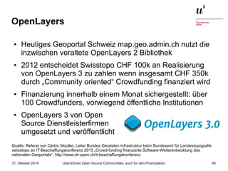 OpenLayers 
● Heutiges Geoportal Schweiz map.geo.admin.ch nutzt die 
inzwischen veraltete OpenLayers 2 Bibliothek 
● 2012 entscheidet Swisstopo CHF 100k an Realisierung 
von OpenLayers 3 zu zahlen wenn insgesamt CHF 350k 
durch „Community oriented“ Crowdfunding finanziert wird 
● Finanzierung innerhalb einem Monat sichergestellt: über 
100 Crowdfunders, vorwiegend öffentliche Institutionen 
● OpenLayers 3 von Open 
Source Dienstleisterfirmen 
umgesetzt und veröffentlicht 
Quelle: Referat von Cédric Moullet, Leiter Bundes Geodaten Infrastruktur beim Bundesamt für Landestopografie 
swisstopo an IT-Beschaffungskonferenz 2013 „Crowd-funding finanzierte Software-Weiterentwicklung des 
nationalen Geoportals“, http://www.ch-open.ch/it-beschaffungskonferenz 
User-Driven Open Source Communities, auch 31. Oktober 2014 für den Finanzsektor 45 
 