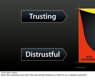 INCONVENIENT




                                                                     ATTRACTIVE
                           Trusting




                                                                     UNATTRACTIVE
                        Distrustful                                                     BAD
                                                                                     EXPERIENC



Trust your users.
Does the company trust you? Are you being treated as a thief or as a valued customer?
 