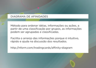 DIAGRAMA DE AFINIDADES


Método para ordenar idéias, informações ou ações, a
partir de uma classificação por grupos, as informações
podem ser agrupadas e classificadas.

Facilita o arranjo das informações porque é intuitivo,
rápido e ajuda na discussão dos resultados.

http://nform.com/tradingcards/affinity-diagram
 
