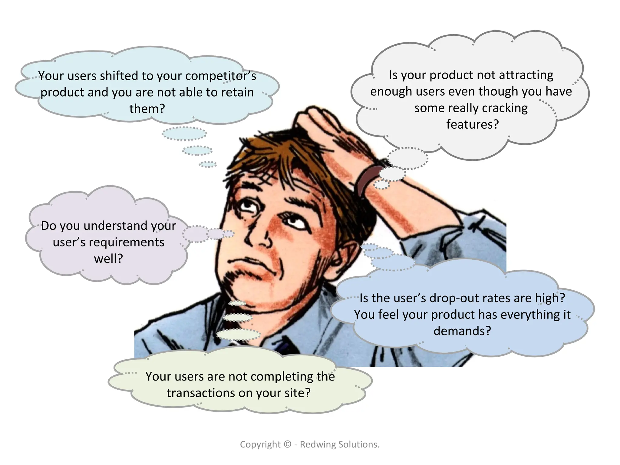 Is your product not attracting  enough users even though you have  some really cracking  features? Is the user’s drop-out rates are high? You feel your product has everything it demands? Your users are not completing the transactions on your site?  Your users shifted to your competitor’s product and you are not able to retain them? Copyright © - Redwing Solutions. Do you understand your user’s requirements well? 
