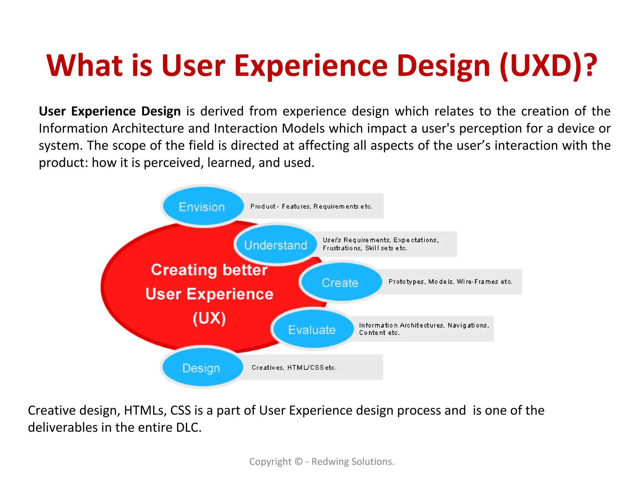 What is User Experience Design (UXD)? User Experience Design  is derived from experience design which relates to the creation of the Information Architecture and Interaction Models which impact a user's perception for a device or system. The scope of the field is directed at affecting all aspects of the user’s interaction with the product: how it is perceived, learned, and used. Copyright © - Redwing Solutions. Creative design, HTMLs, CSS is a part of User Experience design process and  is one of the deliverables in the entire DLC. 