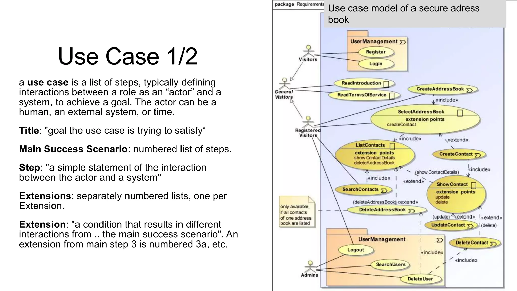 Use Case 1/2
a use case is a list of steps, typically defining
interactions between a role as an “actor” and a
system, to achieve a goal. The actor can be a
human, an external system, or time.
Title: "goal the use case is trying to satisfy“
Main Success Scenario: numbered list of steps.
Step: "a simple statement of the interaction
between the actor and a system"
Extensions: separately numbered lists, one per
Extension.
Extension: "a condition that results in different
interactions from .. the main success scenario". An
extension from main step 3 is numbered 3a, etc.
Use case model of a secure adress
book
 