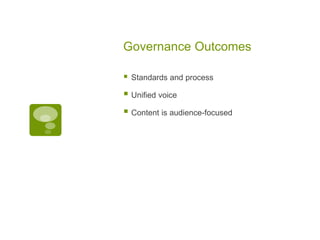 Governance Outcomes

   Standards and process

 Unified voice
 Content is audience-focused
 