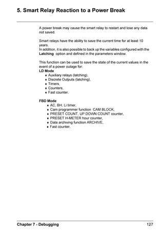 ZELIO2_EN.book Page 51 Tuesday, January 13, 2004 11:53 AM




      'LVFUHWH 2XWSXWV


                      $ GLVFUHWH RXWSXW FDQ EH XVHG HLWKHU DV D FRLO RU D FRQWDFW

     8VHG DV D FRLO

           8VDJH          1R RQ WKH
                                                                 'HVFULSWLRQ
           PRGH             EORFN
                                          7KH FRLO LV HQHUJL]HG LI WKH FRQWDFWV WKDW LW LV FRQQHFWHG
             Q1R                         WR DUH FORVHG RWKHUZLVH LW LV QRW HQHUJL]HG
                                          3XOVH VXSSO WKH FRLO LV HQHUJL]HG E D FKDQJH RI VWDWH
             Q1R                         7KLV LV WKH VDPH DV DQ DOWHUQDWLQJ FRQWURO UHOD

                             WR *        RLO 6HW  DOVR FDOOHG D ODWFK RU WULJJHUHG FRLO 7KLV FRLO
                          GHSHQGLQ        LV HQHUJL]HG DV VRRQ DV WKH FRQWDFWV WKDW DUH FRQQHFWHG
          S Q1ƒ
                          J RQ VPDUW      WR LW DUH FORVHG ,W UHPDLQV WULJJHUHG HYHQ LI WKH FRQWDFWV
                             UHOD        DUH QR ORQJHU FORVHG


                                          RLO 5HVHW  DOVR FDOOHG DQ XQODWFK RU UHOHDVH FRLO 7KLV
                                          FRLO LV GLVDEOHG ZKHQ WKH FRQWDFWV WKDW DUH FRQQHFWHG WR
         R Q1R
                                          LW DUH FORVHG ,W UHPDLQV LGOH HYHQ LI WKH FRQWDFWV DUH QR
                                          ORQJHU FORVHG


     8VHG DV D FRQWDFW

                                                 1R RQ WKH
       5HSUHVHQWDWLRQ           )XQFWLRQ                                    'HVFULSWLRQ
                                                   EORFN
                                1RUPDOO            WR *      7KH SKVLFDO RXWSXW IURP WKH VPDUW
             Q1R                RSHQ            GHSHQGLQJ     UHOD
                                1RUPDOO          RQ VPDUW     $Q RXWSXW FDQ EH XVHG DV D FRQWDFW
             q1R                FORVHG             UHOD      WR GHWHUPLQH LWV VWDWH DW D JLYHQ WLPH


     ([DPSOH 
     Q1²²²²²² Q2
     :KHQ RXWSXW Q1 LV DFWLYDWHG RXWSXW Q2 LV DOVR DFWLYDWHG

     ([DPSOH 
     q1²²²²²² Q2
     :KHQ RXWSXW Q1 LV GLVDEOHG RXWSXW Q2 LV DFWLYDWHG 2XWSXW Q2 ZLOO DOZDV WDNH WKH
     UHYHUVH VWDWH WR RXWSXW Q1



     KDSWHU   $XWRPDWLRQ )XQFWLRQV                                                               
 