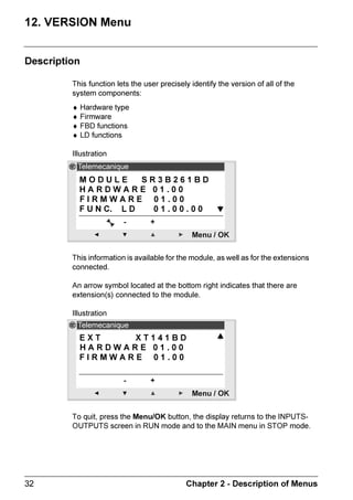 ZELIO2_EN.book Page 14 Tuesday, January 13, 2004 11:53 AM




  ([DPSOHV



               'HVFULSWLRQ$FWLRQ                                            'LVSOD
   6HOHFW WKH SDUDPHWHU WR PRGLI XVLQJ WKH
   QDYLJDWLRQ NHV WKH VHOHFWLRQ LV
   KLJKOLJKWHG E WKH EOLQNLQJ RI WKH
   SDUDPHWHU 