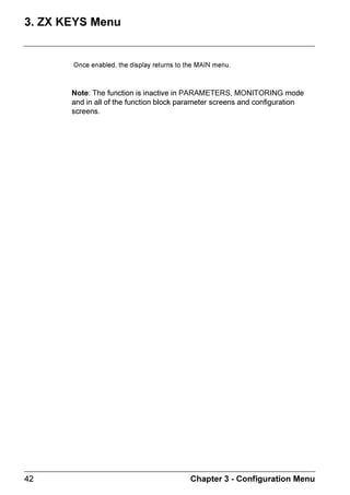 ZELIO2_EN.book Page 17 Tuesday, January 13, 2004 11:53 AM




      0HQXV 3UHVHQWDWLRQ


     'HVFULSWLRQ
                      7KHVH IXQFWLRQV DUH JURXSHG LQ D PDLQ PHQX



                          7HOHPHFDQLTXH                      =HOLR 
                              352*5$00,1*
                              3$5$0(7(5
                              581  6723
                              21),*85$7,21


                                                            0HQX  2.




                      7KH OLQH EOLQNV WR VKRZ ZKHUH RX DUH SRVLWLRQHG

                      $Q XSZDUGV WULDQJOH      VKRZV WKDW WKHUH DUH PRUH RSWLRQV DYDLODEOH LI
                      RX VFUROO XS ZKLOH D GRZQZDUGV WULDQJOH VKRZV WKDW WKHUH DUH PRUH
                      RSWLRQV DYDLODEOH LI RX VFUROO GRZQ 

     0DQDJLQJ 0HQXV
                      7KH ,138762873876 VFUHHQ LV GLVSODHG E GHIDXOW ZKHWKHU WKH
                      PRGH LV LQ /' RU )%'
                      3UHVVLQJ WKH 0HQX2. NH VZLWFKHV WKH GLVSOD IURP WKH ,13876
                      2873876 VFUHHQ WR WKH 0$,1 PHQX
                      7KH PHQX RQ WKH ILUVW URZ ZKLFK LV VHOHFWHG E GHIDXOW IODVKLQJ 