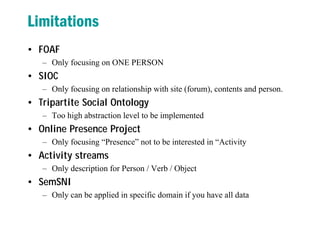 Limitations
• FOAF
– Only focusing on ONE PERSON
• SIOC
– Only focusing on relationship with site (forum), contents and person.
• Tripartite Social Ontology
– Too high abstraction level to be implemented
• Online Presence Project
– Only focusing “Presence” not to be interested in “Activity
• Activity streams
– Only description for Person / Verb / Object
• SemSNI
– Only can be applied in specific domain if you have all data
 