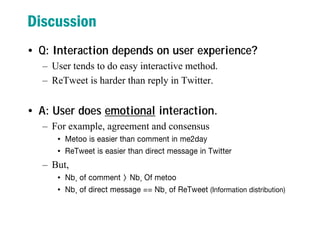 Discussion
• Q: Interaction depends on user experience?
– User tends to do easy interactive method.
– ReTweet is harder than reply in Twitter.
• A: User does emotional interaction.
– For example, agreement and consensus
• Metoo is easier than comment in me2day
• ReTweet is easier than direct message in Twitter
– But,
• Nb. of comment > Nb. Of metoo
• Nb. of direct message == Nb. of ReTweet (Information distribution)
 