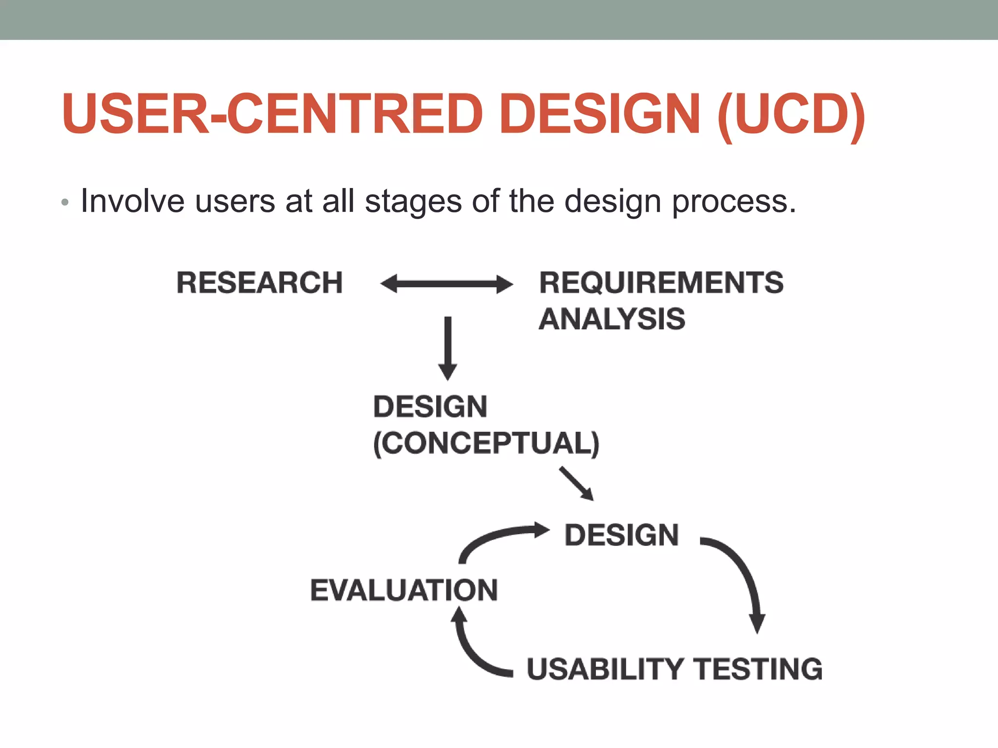 USER-CENTRED DESIGN (UCD)
• Involve users at all stages of the design process.
 