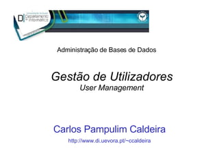 Gestão de Utilizadores User Management Carlos Pampulim Caldeira http://www.di.uevora.pt/~ccaldeira Administração de Bases de Dados 