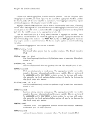 Chapter 12: Data transformations 111
One or more sets of aggregation variables must be specified. Each set comprises a list
of aggregation variables, an equals sign (‘=’), the name of an aggregation function (see the
list below), and a list of source variables in parentheses. Some aggregation functions expect
additional arguments following the source variable names.
Aggregation variables typically are created with no variable label, value labels, or missing
values. Their default print and write formats depend on the aggregation function used, with
details given in the table below. A variable label for an aggregation variable may be specified
just after the variable’s name in the aggregation variable list.
Each set must have exactly as many source variables as aggregation variables. Each
aggregation variable receives the results of applying the specified aggregation function to
the corresponding source variable. The MEAN, MEDIAN, SD, and SUM aggregation functions
may only be applied to numeric variables. All the rest may be applied to numeric and string
variables.
The available aggregation functions are as follows:
FGT(var_name, value)
Fraction of values greater than the specified constant. The default format is
F5.3.
FIN(var_name, low, high)
Fraction of values within the specified inclusive range of constants. The default
format is F5.3.
FLT(var_name, value)
Fraction of values less than the specified constant. The default format is F5.3.
FIRST(var_name)
First non-missing value in break group. The aggregation variable receives the
complete dictionary information from the source variable. The sort performed
by AGGREGATE (and by SORT CASES) is stable, so that the first case with partic-
ular values for the break variables before sorting will also be the first case in
that break group after sorting.
FOUT(var_name, low, high)
Fraction of values strictly outside the specified range of constants. The default
format is F5.3.
LAST(var_name)
Last non-missing value in break group. The aggregation variable receives the
complete dictionary information from the source variable. The sort performed
by AGGREGATE (and by SORT CASES) is stable, so that the last case with partic-
ular values for the break variables before sorting will also be the last case in
that break group after sorting.
MAX(var_name)
Maximum value. The aggregation variable receives the complete dictionary
information from the source variable.
MEAN(var_name)
Arithmetic mean. Limited to numeric values. The default format is F8.2.
 
