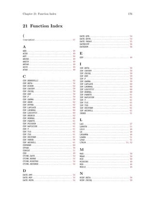 Chapter 21: Function Index 176
21 Function Index
(
(variable). . . . . . . . . . . . . . . . . . . . . . . . . . . . . . . . . . . . 57
A
ABS. . . . . . . . . . . . . . . . . . . . . . . . . . . . . . . . . . . . . . . . . . . . 48
ACOS . . . . . . . . . . . . . . . . . . . . . . . . . . . . . . . . . . . . . . . . . . 49
ANY. . . . . . . . . . . . . . . . . . . . . . . . . . . . . . . . . . . . . . . . . . . . 50
ARCOS . . . . . . . . . . . . . . . . . . . . . . . . . . . . . . . . . . . . . . . . . 49
ARSIN . . . . . . . . . . . . . . . . . . . . . . . . . . . . . . . . . . . . . . . . . 49
ARTAN . . . . . . . . . . . . . . . . . . . . . . . . . . . . . . . . . . . . . . . . . 49
ASIN . . . . . . . . . . . . . . . . . . . . . . . . . . . . . . . . . . . . . . . . . . 49
ATAN . . . . . . . . . . . . . . . . . . . . . . . . . . . . . . . . . . . . . . . . . . 49
C
CDF.BERNOULLI . . . . . . . . . . . . . . . . . . . . . . . . . . . . . . . . 62
CDF.BETA . . . . . . . . . . . . . . . . . . . . . . . . . . . . . . . . . . . . . . 58
CDF.BINOM. . . . . . . . . . . . . . . . . . . . . . . . . . . . . . . . . . . . . 62
CDF.CAUCHY. . . . . . . . . . . . . . . . . . . . . . . . . . . . . . . . . . . . 59
CDF.CHISQ. . . . . . . . . . . . . . . . . . . . . . . . . . . . . . . . . . . . . 59
CDF.EXP . . . . . . . . . . . . . . . . . . . . . . . . . . . . . . . . . . . . . . . 59
CDF.F . . . . . . . . . . . . . . . . . . . . . . . . . . . . . . . . . . . . . . . . . 59
CDF.GAMMA. . . . . . . . . . . . . . . . . . . . . . . . . . . . . . . . . . . . . 59
CDF.GEOM . . . . . . . . . . . . . . . . . . . . . . . . . . . . . . . . . . . . . . 62
CDF.HYPER. . . . . . . . . . . . . . . . . . . . . . . . . . . . . . . . . . . . . 62
CDF.LAPLACE . . . . . . . . . . . . . . . . . . . . . . . . . . . . . . . . . . 60
CDF.LNORMAL . . . . . . . . . . . . . . . . . . . . . . . . . . . . . . . . . . 60
CDF.LOGISTIC . . . . . . . . . . . . . . . . . . . . . . . . . . . . . . . . . 60
CDF.NEGBIN. . . . . . . . . . . . . . . . . . . . . . . . . . . . . . . . . . . . 62
CDF.NORMAL. . . . . . . . . . . . . . . . . . . . . . . . . . . . . . . . . . . . 60
CDF.PARETO. . . . . . . . . . . . . . . . . . . . . . . . . . . . . . . . . . . . 61
CDF.POISSON . . . . . . . . . . . . . . . . . . . . . . . . . . . . . . . . . . 62
CDF.RAYLEIGH . . . . . . . . . . . . . . . . . . . . . . . . . . . . . . . . . 61
CDF.T . . . . . . . . . . . . . . . . . . . . . . . . . . . . . . . . . . . . . . . . . 61
CDF.T1G . . . . . . . . . . . . . . . . . . . . . . . . . . . . . . . . . . . . . . . 61
CDF.T2G . . . . . . . . . . . . . . . . . . . . . . . . . . . . . . . . . . . . . . . 61
CDF.UNIFORM . . . . . . . . . . . . . . . . . . . . . . . . . . . . . . . . . . 61
CDF.VBNOR. . . . . . . . . . . . . . . . . . . . . . . . . . . . . . . . . . . . . 58
CDF.WEIBULL . . . . . . . . . . . . . . . . . . . . . . . . . . . . . . . . . . 61
CDFNORM . . . . . . . . . . . . . . . . . . . . . . . . . . . . . . . . . . . . . . . 60
CFVAR . . . . . . . . . . . . . . . . . . . . . . . . . . . . . . . . . . . . . . . . . 50
CONCAT . . . . . . . . . . . . . . . . . . . . . . . . . . . . . . . . . . . . . . . . 51
COS. . . . . . . . . . . . . . . . . . . . . . . . . . . . . . . . . . . . . . . . . . . . 49
CTIME.DAYS. . . . . . . . . . . . . . . . . . . . . . . . . . . . . . . . . . . . 53
CTIME.HOURS . . . . . . . . . . . . . . . . . . . . . . . . . . . . . . . . . . 54
CTIME.MINUTES . . . . . . . . . . . . . . . . . . . . . . . . . . . . . . . . 54
CTIME.SECONDS . . . . . . . . . . . . . . . . . . . . . . . . . . . . . . . . 54
D
DATE.DMY . . . . . . . . . . . . . . . . . . . . . . . . . . . . . . . . . . . . . . 54
DATE.MDY . . . . . . . . . . . . . . . . . . . . . . . . . . . . . . . . . . . . . . 54
DATE.MOYR. . . . . . . . . . . . . . . . . . . . . . . . . . . . . . . . . . . . . 54
DATE.QYR . . . . . . . . . . . . . . . . . . . . . . . . . . . . . . . . . . . . . . 54
DATE.WKYR. . . . . . . . . . . . . . . . . . . . . . . . . . . . . . . . . . . . . 54
DATE.YRDAY. . . . . . . . . . . . . . . . . . . . . . . . . . . . . . . . . . . . 55
DATEDIFF . . . . . . . . . . . . . . . . . . . . . . . . . . . . . . . . . . . . . . 56
DATESUM . . . . . . . . . . . . . . . . . . . . . . . . . . . . . . . . . . . . . . . 56
E
EXP. . . . . . . . . . . . . . . . . . . . . . . . . . . . . . . . . . . . . . . . . . . . 48
I
IDF.BETA . . . . . . . . . . . . . . . . . . . . . . . . . . . . . . . . . . . . . . 58
IDF.CAUCHY. . . . . . . . . . . . . . . . . . . . . . . . . . . . . . . . . . . . 59
IDF.CHISQ. . . . . . . . . . . . . . . . . . . . . . . . . . . . . . . . . . . . . 59
IDF.EXP . . . . . . . . . . . . . . . . . . . . . . . . . . . . . . . . . . . . . . . 59
IDF.F . . . . . . . . . . . . . . . . . . . . . . . . . . . . . . . . . . . . . . . . . 59
IDF.GAMMA. . . . . . . . . . . . . . . . . . . . . . . . . . . . . . . . . . . . . 59
IDF.LAPLACE . . . . . . . . . . . . . . . . . . . . . . . . . . . . . . . . . . 60
IDF.LNORMAL . . . . . . . . . . . . . . . . . . . . . . . . . . . . . . . . . . 60
IDF.LOGISTIC . . . . . . . . . . . . . . . . . . . . . . . . . . . . . . . . . 60
IDF.NORMAL. . . . . . . . . . . . . . . . . . . . . . . . . . . . . . . . . . . . 60
IDF.PARETO. . . . . . . . . . . . . . . . . . . . . . . . . . . . . . . . . . . . 61
IDF.RAYLEIGH . . . . . . . . . . . . . . . . . . . . . . . . . . . . . . . . . 61
IDF.T . . . . . . . . . . . . . . . . . . . . . . . . . . . . . . . . . . . . . . . . . 61
IDF.T1G . . . . . . . . . . . . . . . . . . . . . . . . . . . . . . . . . . . . . . . 61
IDF.T2G . . . . . . . . . . . . . . . . . . . . . . . . . . . . . . . . . . . . . . . 61
IDF.UNIFORM . . . . . . . . . . . . . . . . . . . . . . . . . . . . . . . . . . 61
IDF.WEIBULL . . . . . . . . . . . . . . . . . . . . . . . . . . . . . . . . . . 61
INDEX . . . . . . . . . . . . . . . . . . . . . . . . . . . . . . . . . . . . . . . . . 51
L
LAG. . . . . . . . . . . . . . . . . . . . . . . . . . . . . . . . . . . . . . . . . . . . 57
LENGTH . . . . . . . . . . . . . . . . . . . . . . . . . . . . . . . . . . . . . . . . 51
LG10 . . . . . . . . . . . . . . . . . . . . . . . . . . . . . . . . . . . . . . . . . . 48
LN. . . . . . . . . . . . . . . . . . . . . . . . . . . . . . . . . . . . . . . . . . . . . 48
LNGAMMA . . . . . . . . . . . . . . . . . . . . . . . . . . . . . . . . . . . . . . . 48
LOWER . . . . . . . . . . . . . . . . . . . . . . . . . . . . . . . . . . . . . . . . . 51
LPAD . . . . . . . . . . . . . . . . . . . . . . . . . . . . . . . . . . . . . . . . . . 51
LTRIM. . . . . . . . . . . . . . . . . . . . . . . . . . . . . . . . . . . . . . 51, 52
M
MAX. . . . . . . . . . . . . . . . . . . . . . . . . . . . . . . . . . . . . . . . . . . . 50
MEAN . . . . . . . . . . . . . . . . . . . . . . . . . . . . . . . . . . . . . . . . . . 50
MIN. . . . . . . . . . . . . . . . . . . . . . . . . . . . . . . . . . . . . . . . . . . . 50
MISSING . . . . . . . . . . . . . . . . . . . . . . . . . . . . . . . . . . . . . . . 49
MOD. . . . . . . . . . . . . . . . . . . . . . . . . . . . . . . . . . . . . . . . . . . . 48
MOD10 . . . . . . . . . . . . . . . . . . . . . . . . . . . . . . . . . . . . . . . . . 48
N
NCDF.BETA. . . . . . . . . . . . . . . . . . . . . . . . . . . . . . . . . . . . . 58
NCDF.CHISQ. . . . . . . . . . . . . . . . . . . . . . . . . . . . . . . . . . . . 59
 