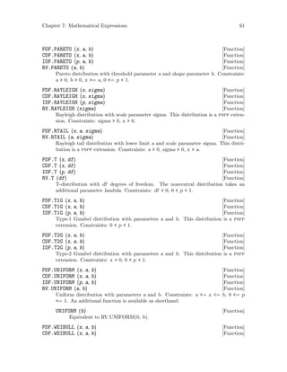 Chapter 7: Mathematical Expressions 61
[Function]PDF.PARETO (x, a, b)
[Function]CDF.PARETO (x, a, b)
[Function]IDF.PARETO (p, a, b)
[Function]RV.PARETO (a, b)
Pareto distribution with threshold parameter a and shape parameter b. Constraints:
a  0, b  0, x = a, 0 = p  1.
[Function]PDF.RAYLEIGH (x, sigma)
[Function]CDF.RAYLEIGH (x, sigma)
[Function]IDF.RAYLEIGH (p, sigma)
[Function]RV.RAYLEIGH (sigma)
Rayleigh distribution with scale parameter sigma. This distribution is a pspp exten-
sion. Constraints: sigma  0, x  0.
[Function]PDF.RTAIL (x, a, sigma)
[Function]RV.RTAIL (a, sigma)
Rayleigh tail distribution with lower limit a and scale parameter sigma. This distri-
bution is a pspp extension. Constraints: a  0, sigma  0, x  a.
[Function]PDF.T (x, df)
[Function]CDF.T (x, df)
[Function]IDF.T (p, df)
[Function]RV.T (df)
T-distribution with df degrees of freedom. The noncentral distribution takes an
additional parameter lambda. Constraints: df  0, 0  p  1.
[Function]PDF.T1G (x, a, b)
[Function]CDF.T1G (x, a, b)
[Function]IDF.T1G (p, a, b)
Type-1 Gumbel distribution with parameters a and b. This distribution is a pspp
extension. Constraints: 0  p  1.
[Function]PDF.T2G (x, a, b)
[Function]CDF.T2G (x, a, b)
[Function]IDF.T2G (p, a, b)
Type-2 Gumbel distribution with parameters a and b. This distribution is a pspp
extension. Constraints: x  0, 0  p  1.
[Function]PDF.UNIFORM (x, a, b)
[Function]CDF.UNIFORM (x, a, b)
[Function]IDF.UNIFORM (p, a, b)
[Function]RV.UNIFORM (a, b)
Uniform distribution with parameters a and b. Constraints: a = x = b, 0 = p
= 1. An additional function is available as shorthand:
[Function]UNIFORM (b)
Equivalent to RV.UNIFORM(0, b).
[Function]PDF.WEIBULL (x, a, b)
[Function]CDF.WEIBULL (x, a, b)
 
