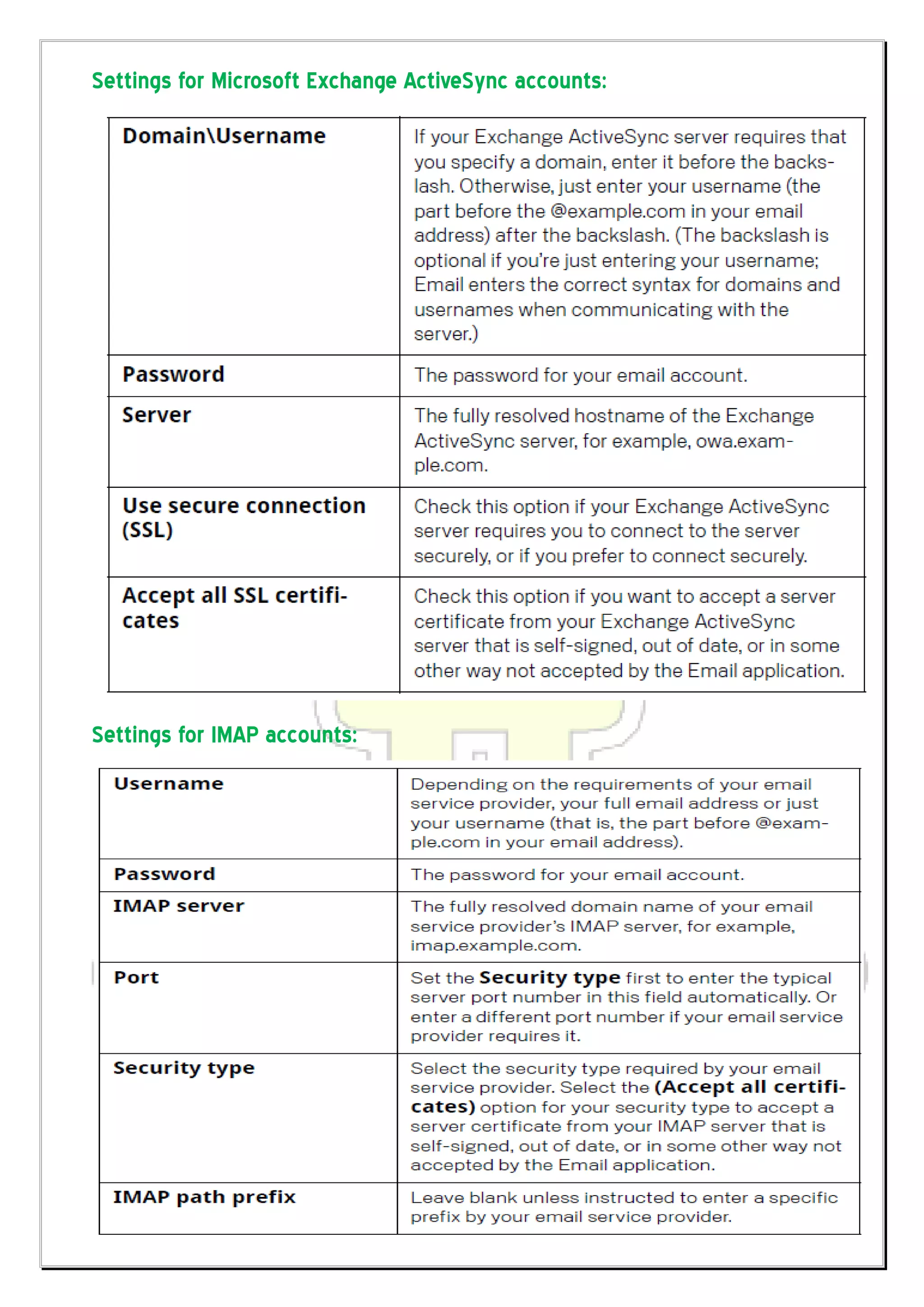 Settings for Microsoft Exchange ActiveSync accounts:




Settings for IMAP accounts:
 