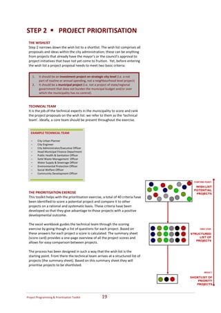 STEP 2      PROJECT PRIORITISATION 
 THE WISHLIST 
 Step 2 narrows down the wish list to a shortlist. The wish list comprises all 
 proposals and ideas within the city administration; these can be anything 
 from projects that already have the mayor’s or the council’s approval to 
 project initiatives that have not yet come to fruition.  Yet, before entering 
 the wish list a project proposal needs to meet two basic criteria: 
  
  
     1. It should be an investment project on strategic city level (i.e. a not 
          part of routine or annual spending, not a neighbourhood level project) 
   2. It should be a municipal project (i.e. not a project of state/regional 
          government that does not burden the municipal budget and/or over 
          which the municipality has no control).   
  
  
 TECHNICAL TEAM 
 It is the job of the technical experts in the municipality to score and rank 
 the project proposals on the wish list: we refer to them as the ‘technical 
 team’. Ideally, a core team should be present throughout the exercise.  
  
  
   EXAMPLE TECHNICAL TEAM  
   
   -     City Urban Planner    
   - City Engineer 
   - City Administrator/Executive Officer  
   - Head Municipal Finance Department 
   - Public Health & Sanitation Officer 
   -     Solid Waste Management  Officer 
   - Water Supply & Sewerage Officer 
   - Environmental Protection Officer 
   - Social Welfare Officer 
   - Community Development Officer 
  
                                                                                       STARTING POINT:
  
                                                                                        WISH LIST
                                                                                       POTENTIAL
 THE PRIORITISATION EXERCISE                                                            PROJECTS
 This toolkit helps with the prioritisation exercise, a total of 40 criteria have 
 been identified to score a potential project and compare it to other 
 projects on a rational and systematic basis. These criteria have been 
 developed so that they give advantage to those projects with a positive 
 developmental outcome.  
  
 The excel workbook guides the technical team through the scoring 
 exercise by going though a list of questions for each project. Based on                    FIRST STEP:

 these answers for each project a score is calculated. The summary sheet             STRUCTURED
 (score card) provides a one‐page overview of all the project scores and                  LIST OF
                                                                                        PROJECTS
 allows for easy comparison between projects.  
  
 The process has been designed in such a way that the wish list is the 
 starting point. From there the technical team arrives at a structured list of 
 projects (the summary sheet). Based on this summary sheet they will 
 prioritise projects to be shortlisted. 
                                                                                                RESULT:

                                                                                     SHORTLIST OF
                                                                                         PRIORITY
                                                                                        PROJECTS



Project Programming & Prioritisation Toolkit         19 
 