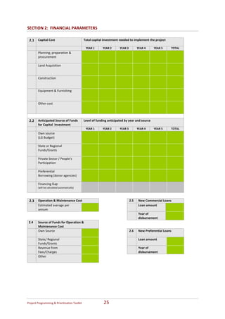 SECTION 2:  FINANCIAL PARAMETERS 

     2.1    Capital Cost                          Total capital investment needed to implement the project  
             
                                                      YEAR 1        YEAR 2        YEAR 3            YEAR 4         YEAR 5             TOTAL 
            Planning, preparation &                                                                                                
            procurement 
             
            Land Acquisition                                                                                                       
             
             
            Construction                                                                                                           
             
             
            Equipment & Furnishing                                                                                                 
             
             
            Other cost                                                                                                             
             
             
                                                                   
     2.2    Anticipated Source of Funds           Level of funding anticipated by year and source   
            for Capital  Investment 
                                                      YEAR 1        YEAR 2        YEAR 3            YEAR 4         YEAR 5             TOTAL 
            Own source                                                                                                             
            (LG Budget) 
             
            State or Regional                                                                                                      
            Funds/Grants 
             
            Private Sector / People’s                                                                                              
            Participation 
             
            Preferential                                                                                                           
            Borrowing (donor agencies) 
             
            Financing Gap                                                                                                          
            (will be calculated automatically) 
             
 
     2.3    Operation & Maintenance Cost                                                 2.5         New Commercial Loans 
            Estimated average per                                                                    Loan amount        
            annum  
                                                                                                     Year of                   
                                                                                                     disbursement 
     2.4    Source of Funds for Operation &                                                                                    
            Maintenance Cost  
            Own Source                                                                   2.6         New Preferential Loans  
                                            
            State/ Regional                                                                          Loan amount                   
            Funds/Grants 
            Revenue from                                                                             Year of                       
            Fees/Charges                                                                             disbursement 
            Other                                                                                                                  
             
 




Project Programming & Prioritisation Toolkit                         25 
 