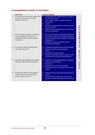 3.3 ENVIRONMENTAL IMPACT OF THE PROJECT 
 
         QUESTIONS                                         POSSIBLE ANSWERS  
    1    Are there direct effects to the quality of the    •   Considerable direct negative effects on quality of 
         local environment, e.g. air or water                  the local environment   
         pollutants, waste, etc.                           •   Direct negative effects on quality of the local 
                                                               environment  
                                                           •   Neutral  
                                                           •   Some direct positive effects on the quality of the 




                                                                                                                        ENVIRONMENTAL IMPACT INDEX
                                                               local environment 
                                                           •   Significant direct positive effects on the quality of 
                                                               the local environment  
                                                            
    2    Does the project contribute toward long           •   Counteracts long term sustainable development  
         term sustainable development, e.g.                •   No impact on long term sustainable development  
         renewable energy, clean water supply,             •   Some contribution towards long term sustainable 
         recycling, etc.                                       development  
                                                           •   Significant contribution towards long term 
                                                               sustainable development 
                                                            
    3    Are there any specific health benefits,           •   Considerable negative impact on general health  
         especially at local level?                        •   Negative impact on the general health 
                                                           •   Neutral 
                                                           •   Some impact on general health  
                                                           •   Significant measurable benefits to general health 
                                                               locally because of improved living conditions 
                                                            
    4    Does this project mitigate environmental          •   Project is in a vulnerable location, but mitigation 
         hazards or reduce human vulnerability                 measures are not included 
                                                           •   Not relevant  
                                                           •   Mitigation measures within the project 
                                                           •   Goal of the project is to mitigate environmental 
                                                               hazards 




                                                                                                                            
                                                            
    5    Are there any benefits to the quality of          •   Negative impact on the quality of natural spaces  
         natural spaces in the city, e.g. parks,           •   Neutral 
         greenery, open spaces, etc.                       •   Some benefit to the quality of natural spaces 
                                                           •   Significant benefit to the quality of natural spaces 
                                                            
 
 




Project Programming & Prioritisation Toolkit                 29 
 