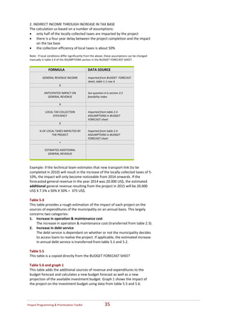 2. INDIRECT INCOME THROUGH INCREASE IN TAX BASE 
 The calculation us based on a number of assumptions: 
 • only half of the locally collected taxes are impacted by the project  
 • there is a four year delay between the project completion and the impact 
      on the tax base 
 • the collection efficiency of local taxes is about 50% 
  
 Note:  If local conditions differ significantly from the above, these assumptions can be changed 
 manually in table 2.4 of the ASUMPTIONS section in the BUDGET FORECAST SHEET. 
  
                 FORMULA                          DATA SOURCE 
                                                   
            GENERAL REVENUE INCOME                Imported from BUGDET  FORECAST 
                                                  sheet, table 1.1 row A 
                        X                          
                                                   
             ANTICIPATED IMPACT ON                See question 4 in section 3.5  
                GENERAL REVENUE                   feasibility index 
                                                   
                        X                          
                                                   
              LOCAL TAX COLLECTION                Imported from table 2.4 
                   EFFICIENCY                     ASSUMPTIONS in BUDGET 
                                                  FORECAST sheet  
                       X                           
                                                   
         % OF LOCAL TAXES IMPACTED BY             Imported from table 2.4 
                 THE PROJECT                      ASSUMPTIONS in BUDGET 
                                                  FORECAST sheet  
                       =                           
                                                   
              ESTIMATED ADDITIONAL 
                GENERAL REVENUE 
                         
  
 Example: if the technical team estimates that new transport link (to be 
 completed in 2010) will result in the increase of the locally collected taxes of 5‐
 10%, the impact will only become noticeable from 2014 onwards. If the 
 forecasted general revenue in the year 2014 was 20.000 US$, the estimated 
 additional general revenue resulting from the project in 2015 will be 20.000 
 US$ X 7.5% x 50% X 50% =  375 US$. 
  
 Table 5.4 
 This table provides a rough estimation of the impact of each project on the 
 sources of expenditures of the municipality on an annual basis. This largely 
 concerns two categories: 
 1. Increase in operation & maintenance cost 
      The increase in operation & maintenance cost (transferred from table 2.3).
 2. Increase in debt service  
      The debt service is dependant on whether or not the municipality decides 
      to access loans to realise the project. If applicable, the estimated increase 
      in annual debt service is transferred from table 5.1 and 5.2. 
  
 Table 5.5 
 This table is a copied directly from the BUDGET FORECAST SHEET 
  
 Table 5.6 and graph 1 
 This table adds the additional sources of revenue and expenditures to the 
 budget forecast and calculates a new budget forecast as well as a new 
 projection of the available investment budget. Graph 1 shows the impact of 
 the project on the investment budget using data from table 5.5 and 5.6. 




Project Programming & Prioritisation Toolkit                  35 
 
