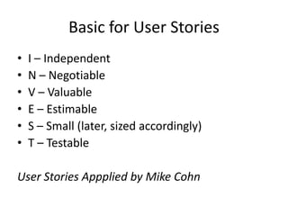 Basic for User Stories
•
•
•
•
•
•

I – Independent
N – Negotiable
V – Valuable
E – Estimable
S – Small (later, sized accordingly)
T – Testable

User Stories Appplied by Mike Cohn

 