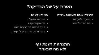 ‫מטרת‬-‫הבדיקה‬ ‫של‬ ‫על‬?
‫וקשיים‬ ‫בעיות‬
•‫לפעולה‬ ‫חסמים‬
•‫עליו‬ ‫מקשה‬ ‫מה‬
•‫היום‬ ‫מתבצעים‬ ‫דברים‬ ‫כיצד‬
•‫להעשות‬ ‫צריך‬ ‫שזה‬ ‫חושב‬ ‫כיצד‬
‫הרגשה‬‫אישית‬ ‫והעצמה‬ ‫טובה‬
•‫לפעולה‬ ‫מניעים‬
•‫להשיג‬ ‫רוצה‬ ‫מה‬
‫גוף‬ ‫ושפת‬ ‫התנהגות‬
‫שנאמר‬ ‫מה‬ ‫ולא‬
 