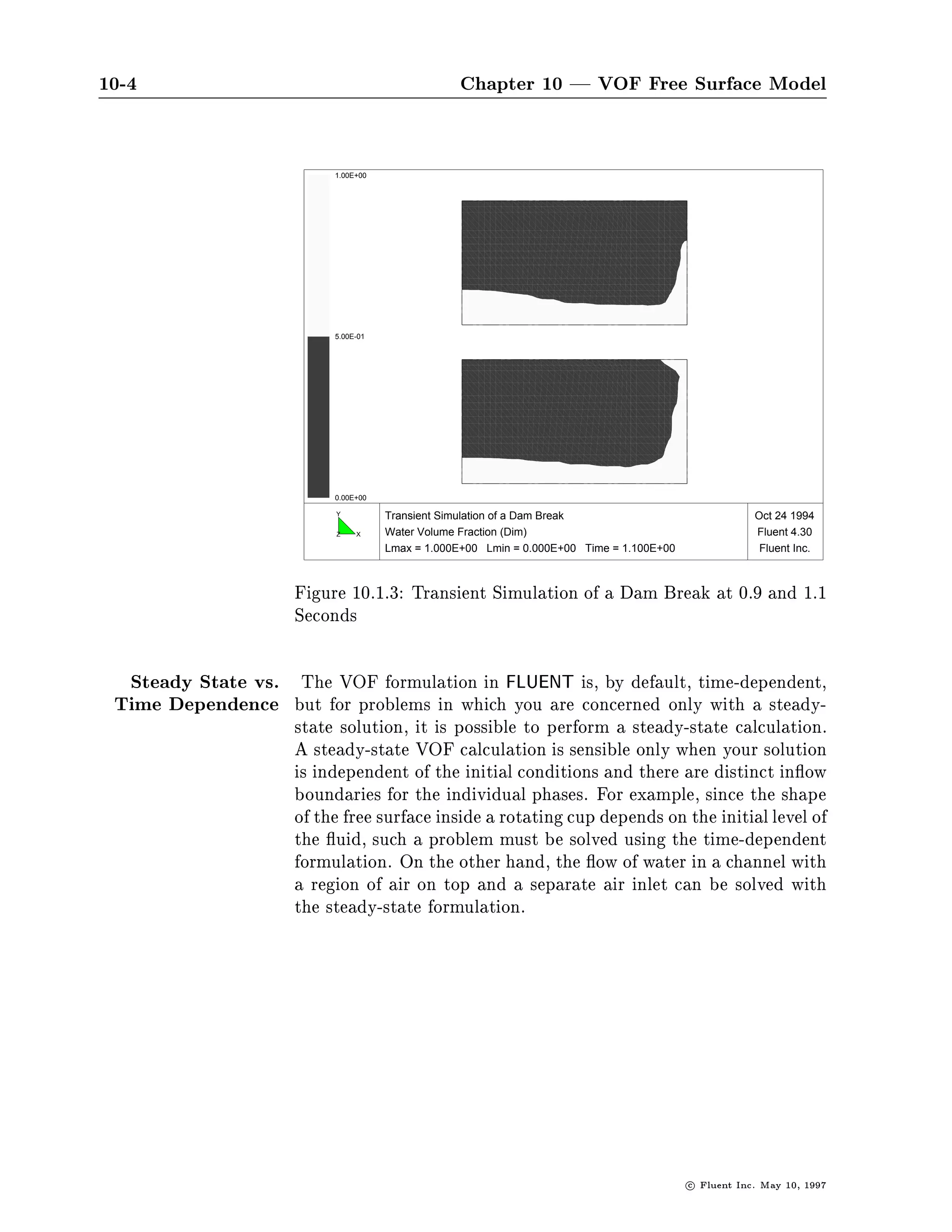 10-4                                            Chapter 10 | VOF Free Surface Model


                         1.00E+00




                         5.00E-01




                         0.00E+00

                         Y          Transient Simulation of a Dam Break                                Oct 24 1994
                         Z    X     Water Volume Fraction (Dim)                                        Fluent 4.30
                                    Lmax = 1.000E+00 Lmin = 0.000E+00 Time = 1.100E+00                  Fluent Inc.



                    Figure 10.1.3: Transient Simulation of a Dam Break at 0.9 and 1.1
                    Seconds

  Steady State vs. The VOF formulation in FLUENT is, by default, time-dependent,
 Time Dependence but for problems in which you are concerned only with a steady-
                    state solution, it is possible to perform a steady-state calculation.
                    A steady-state VOF calculation is sensible only when your solution
                    is independent of the initial conditions and there are distinct in ow
                    boundaries for the individual phases. For example, since the shape
                    of the free surface inside a rotating cup depends on the initial level of
                    the uid, such a problem must be solved using the time-dependent
                    formulation. On the other hand, the ow of water in a channel with
                    a region of air on top and a separate air inlet can be solved with
                    the steady-state formulation.




                                                                                         c   Fluent Inc. May 10, 1997
 