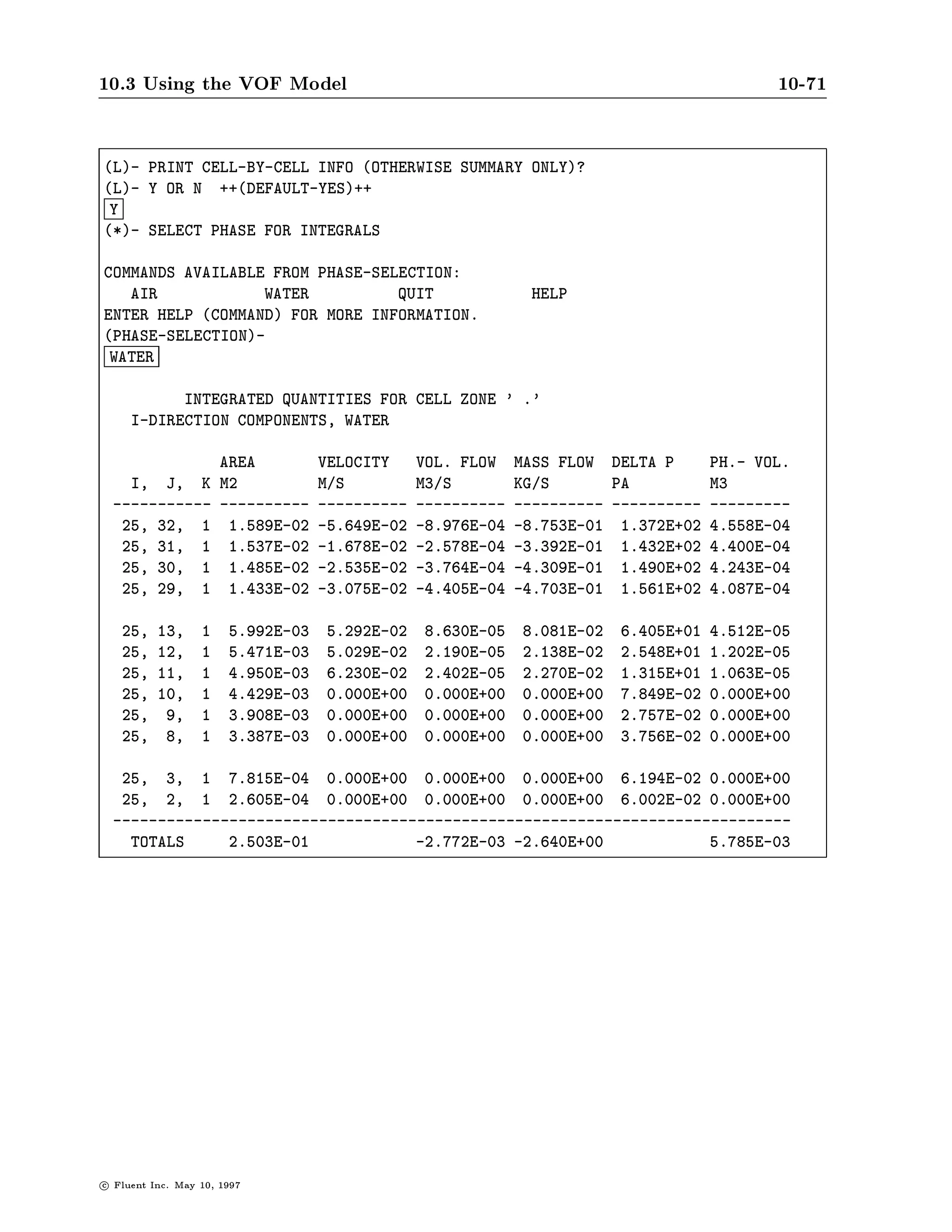 10.3 Using the VOF Model                                                                         10-67


                               1.00E+00




                               5.00E-01




                               0.00E+00

                                          Water in a Spinning Bowl                           Oct 26 1994
                               Z    Y     Water Volume Fraction (Dim)                        Fluent 4.30
                               X
                                          Max = 1.000E+00 Min = 0.000E+00 Time = 5.000E-01    Fluent Inc.



                                            Figure 10.3.9: Volume Fraction of Water


                               1.00E+00




                               5.00E-01




                               0.00E+00

                                          Water in a Spinning Bowl                           Oct 26 1994
                               Z    Y     Air Volume Fraction (Dim)                          Fluent 4.30
                               X
                                          Max = 1.000E+00 Min = 0.000E+00 Time = 5.000E-01    Fluent Inc.



                                             Figure 10.3.10: Volume Fraction of Air


c   Fluent Inc. May 10, 1997
 