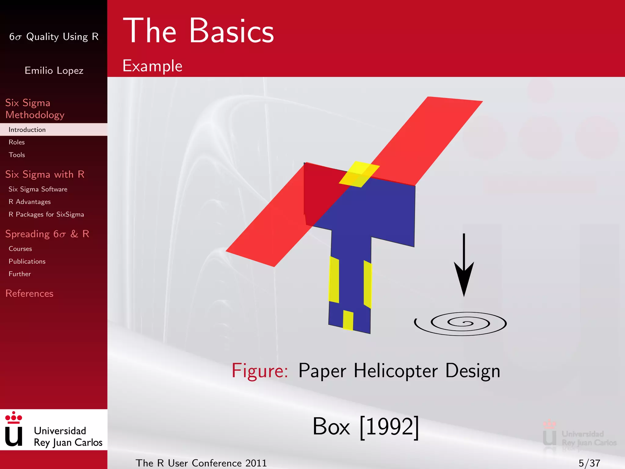 6σ Quality Using R        The Basics
     Emilio Lopez         Example

Six Sigma
Methodology
Introduction
Roles
Tools

Six Sigma with R
Six Sigma Software
R Advantages
R Packages for SixSigma

Spreading 6σ & R
Courses
Publications
Further

References




                                             Figure: Paper Helicopter Design

                                                        Box [1992]
                           The R User Conference 2011                          5/37
 