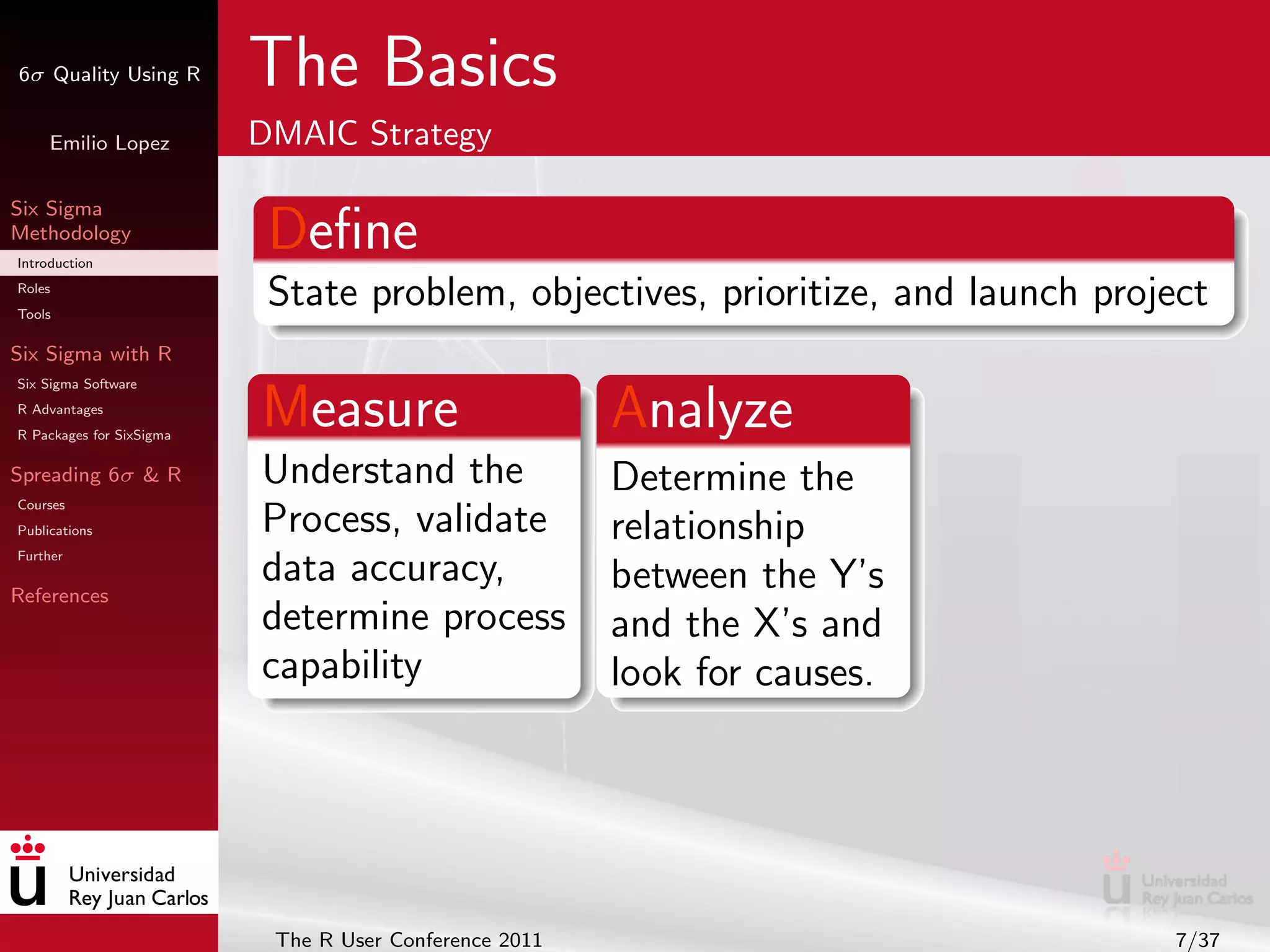 6σ Quality Using R        The Basics
     Emilio Lopez         DMAIC Strategy

Six Sigma
Methodology
Introduction
                           Deﬁne
Roles
Tools
                           State problem, objectives, prioritize, and launch project
Six Sigma with R
Six Sigma Software
R Advantages
R Packages for SixSigma
                          Measure                       Analyze
Spreading 6σ & R          Understand the                Determine the
Courses
Publications              Process, validate             relationship
Further
                          data accuracy,                between the Y’s
References
                          determine process             and the X’s and
                          capability                    look for causes.




                           The R User Conference 2011                            7/37
 