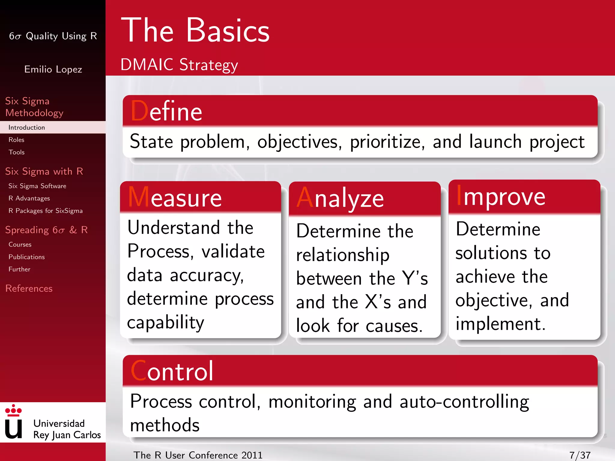 6σ Quality Using R        The Basics
     Emilio Lopez         DMAIC Strategy

Six Sigma
Methodology
Introduction
                           Deﬁne
Roles
Tools
                           State problem, objectives, prioritize, and launch project
Six Sigma with R
Six Sigma Software
R Advantages
R Packages for SixSigma
                          Measure                       Analyze            Improve
Spreading 6σ & R          Understand the                Determine the      Determine
Courses
Publications              Process, validate             relationship       solutions to
Further
                          data accuracy,                between the Y’s    achieve the
References
                          determine process             and the X’s and    objective, and
                          capability                    look for causes.   implement.

                           Control
                           Process control, monitoring and auto-controlling
                           methods
                           The R User Conference 2011                                   7/37
 