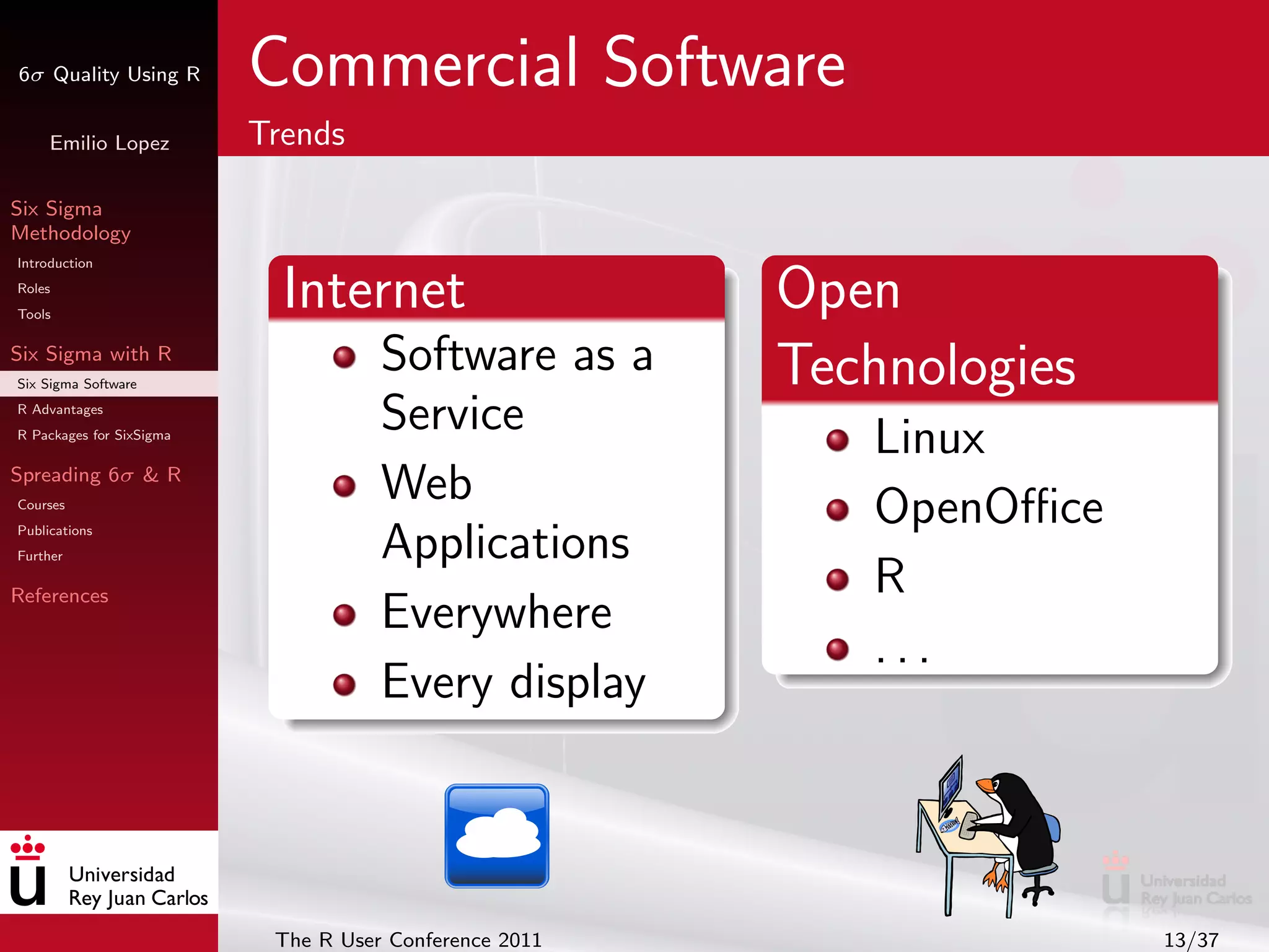 6σ Quality Using R        Commercial Software
     Emilio Lopez         Trends

Six Sigma
Methodology
Introduction
Roles
Tools
                            Internet                    Open
Six Sigma with R
Six Sigma Software
                                     Software as a      Technologies
R Advantages
R Packages for SixSigma
                                     Service               Linux
Spreading 6σ & R
Courses
                                     Web                   OpenOﬃce
Publications
Further                              Applications
References                                                 R
                                     Everywhere
                                                           ...
                                     Every display



                           The R User Conference 2011                  13/37
 